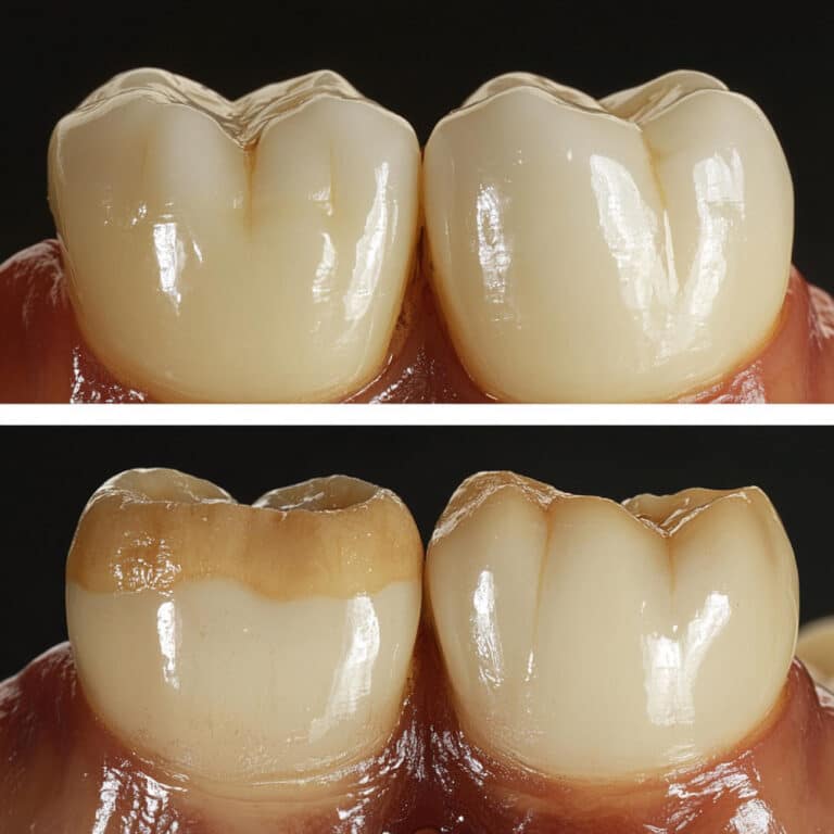 Before and after of a tooth restored with a dental crown