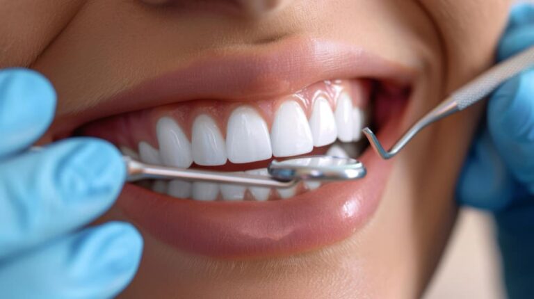 Dentist placing composite veneers on a patient's tooth