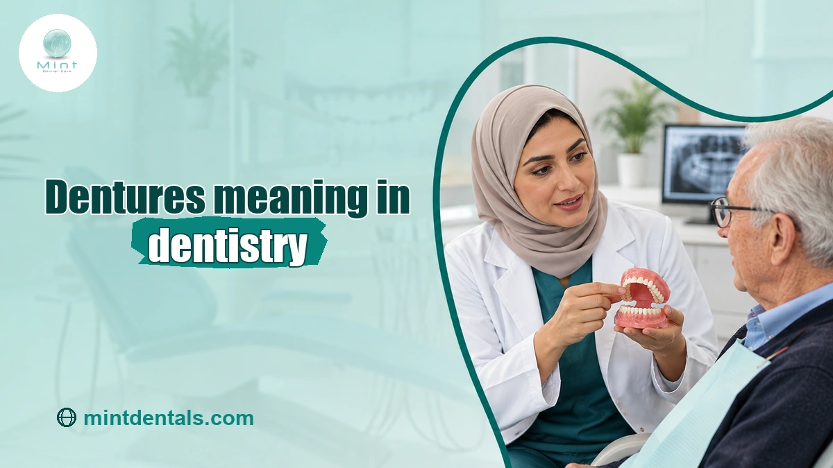 Prosthodontist explaining a full denture to a patient