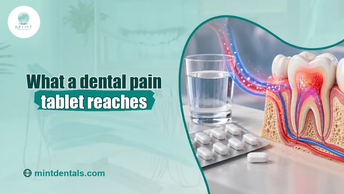 Pain relief tablets beside an inflamed tooth model