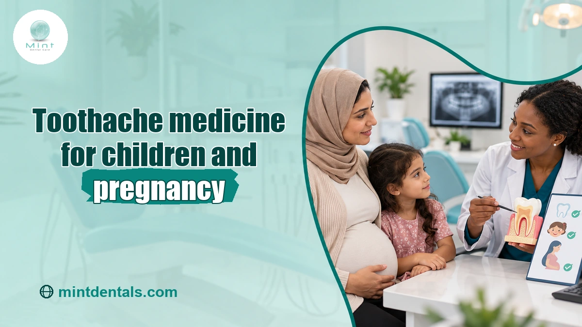 Dentist advising a pregnant mother about toothache medicine