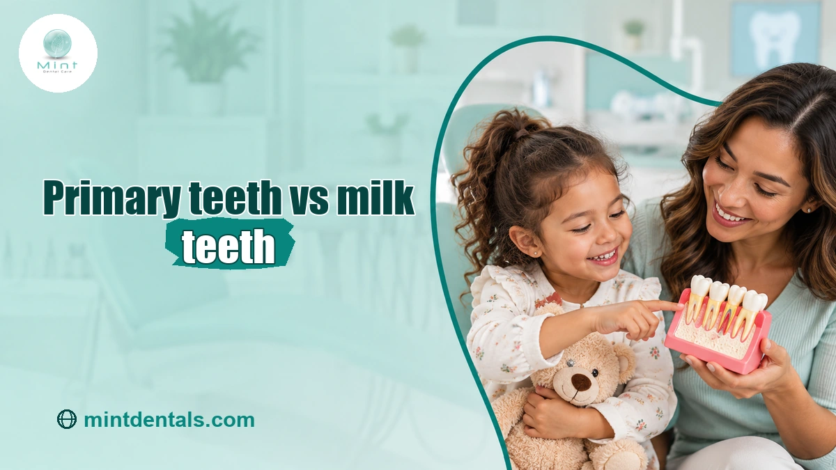 Mother and child learning about primary teeth