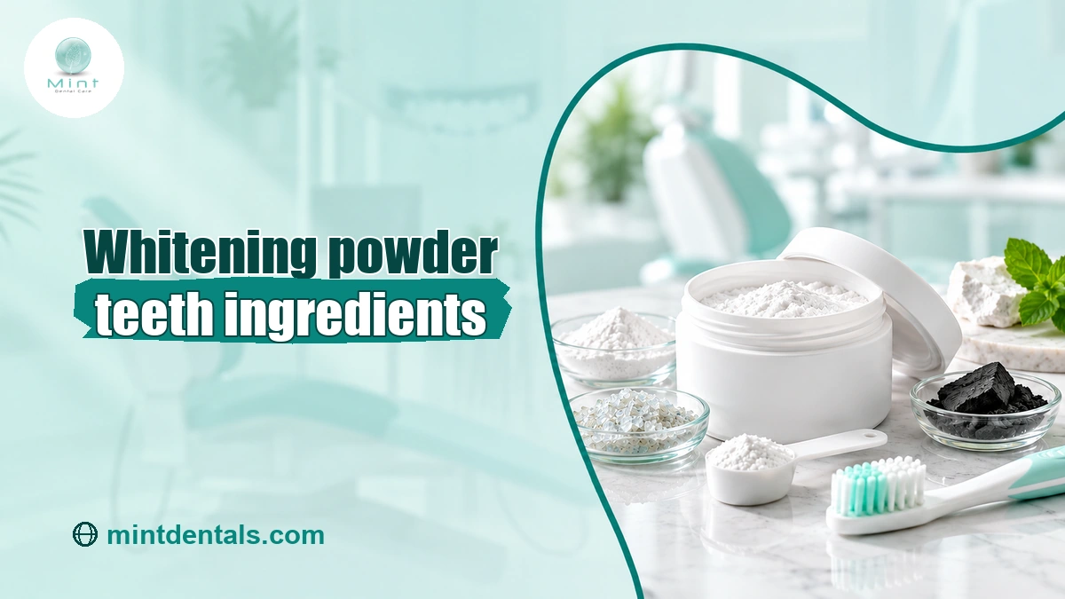 Whitening powder ingredients displayed beside dental-care tools